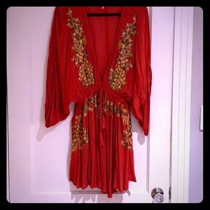 Rust Deep-v Embroidered Boho Dress